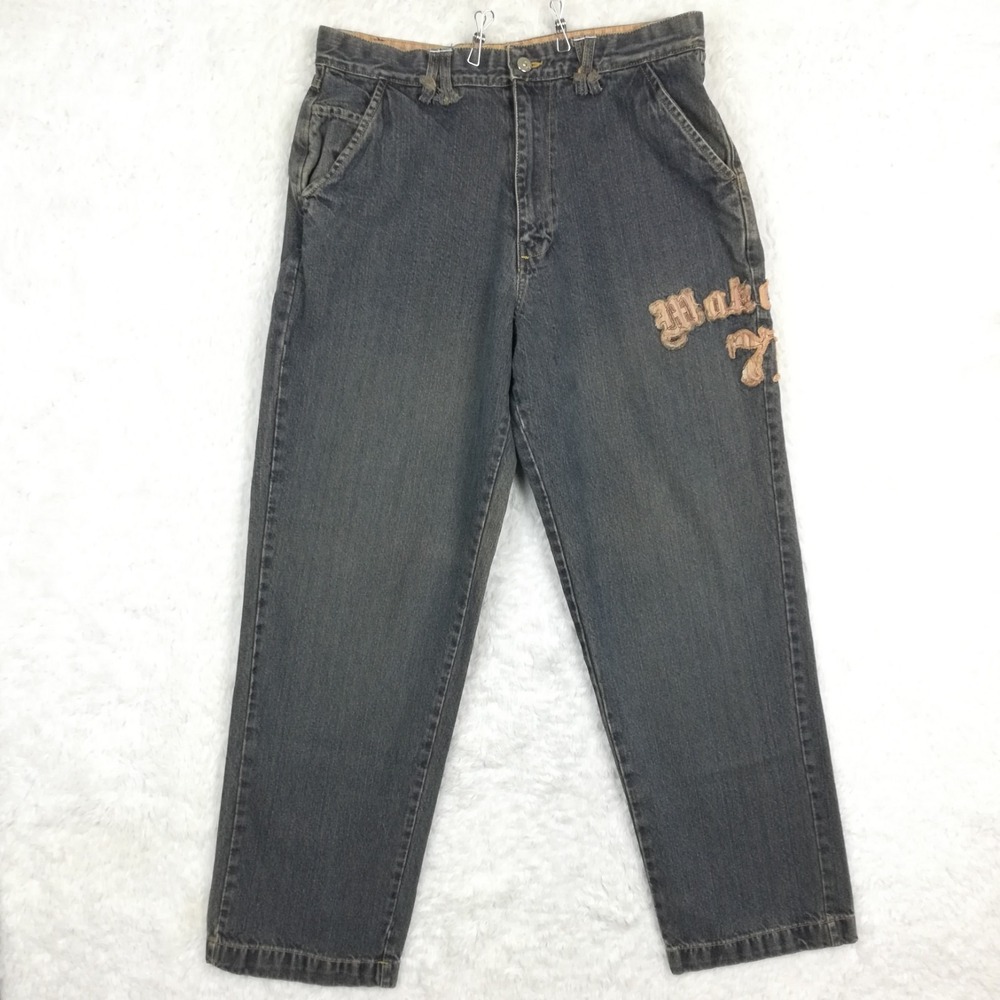 Makaveli Mens Jeans Baggy Straight Leg Blue Denim‎ Applique Spellout 36x34